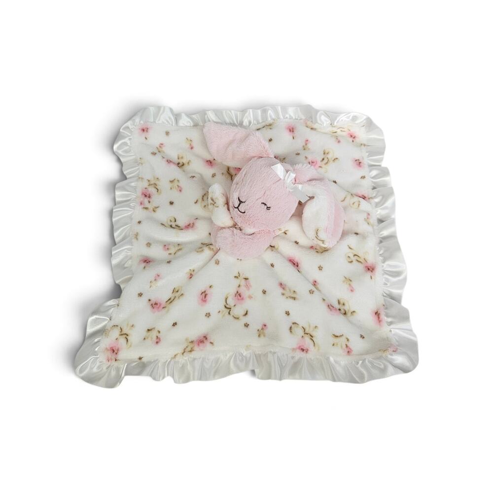 Little Me Pink Bunny Floral Rose Plush Plush White Satin Love Security Blanket